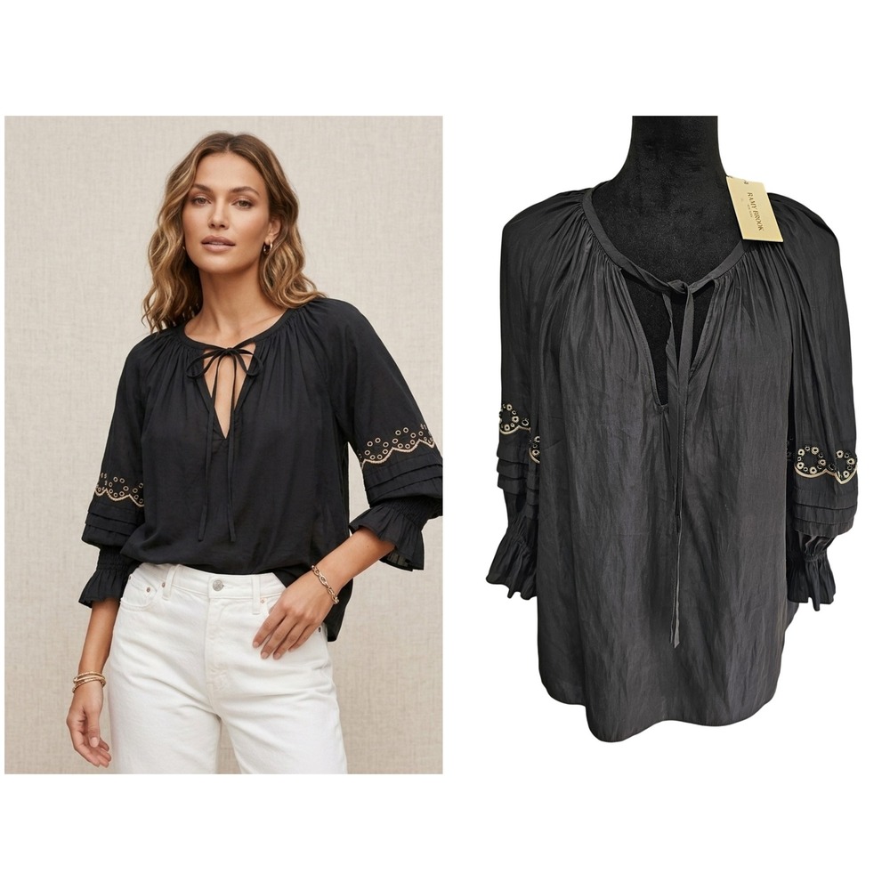 Ramy Brook Randi Blouse Women S Black NEW Embellished Eyelet Ruffle Sleeve Tie